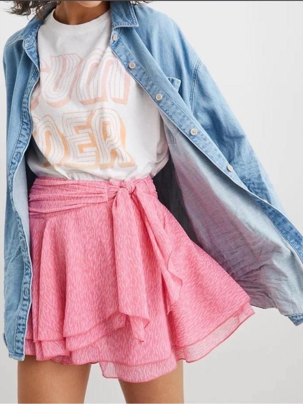 aerie Pink Tie-Waist Tiered Skater Mini Skirt